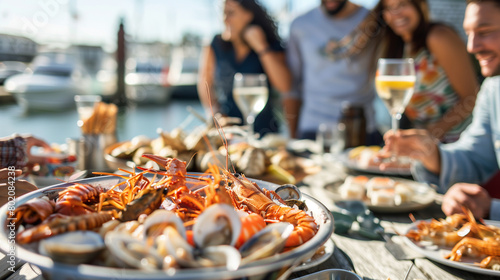 Friends enjoy a seafood dinner at a seaside restaurant.