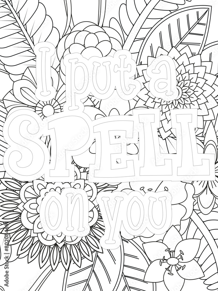 Fototapeta premium Keychain Quotes Flower Coloring Page Beautiful black and white illustration for adult coloring book