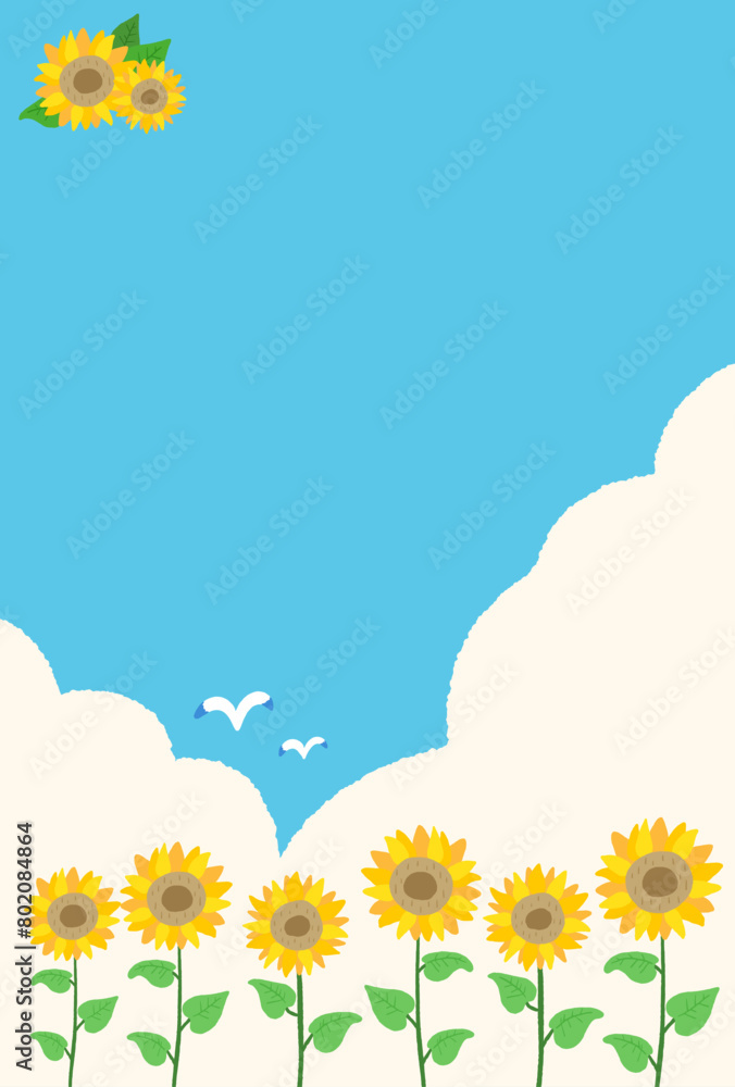 Summer, bright background frame with blue sky, cumulonimbus clouds and sunflowers, cute hand drawn illustration / 夏、青空と入道雲とひまわりの明るい背景フレーム、かわいい手描きイラスト
