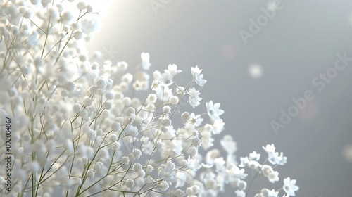 Gypsophila with a soft grey background, classic magazine style, gentle glow, frontal perspective