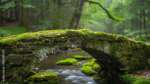 Moss-covered stone bridge with earthy green particles meandering through a softly blurred setting  reflecting the timeless beauty and natural tranquility of the forest landscape.