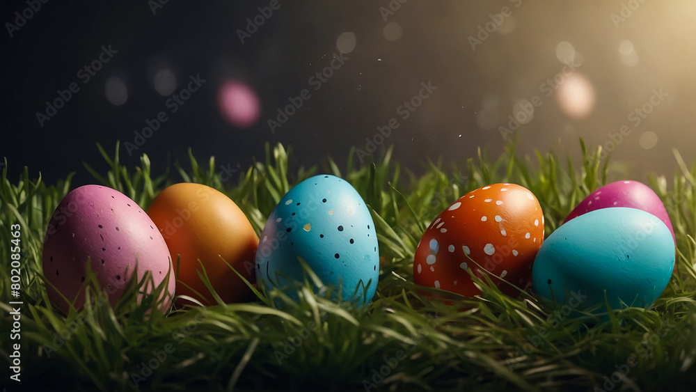 Bright Easter eggs and spring flowers on green grass outdoors
