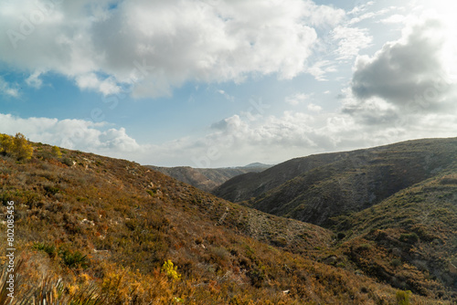 Arid landscape with cloudy blue sky.