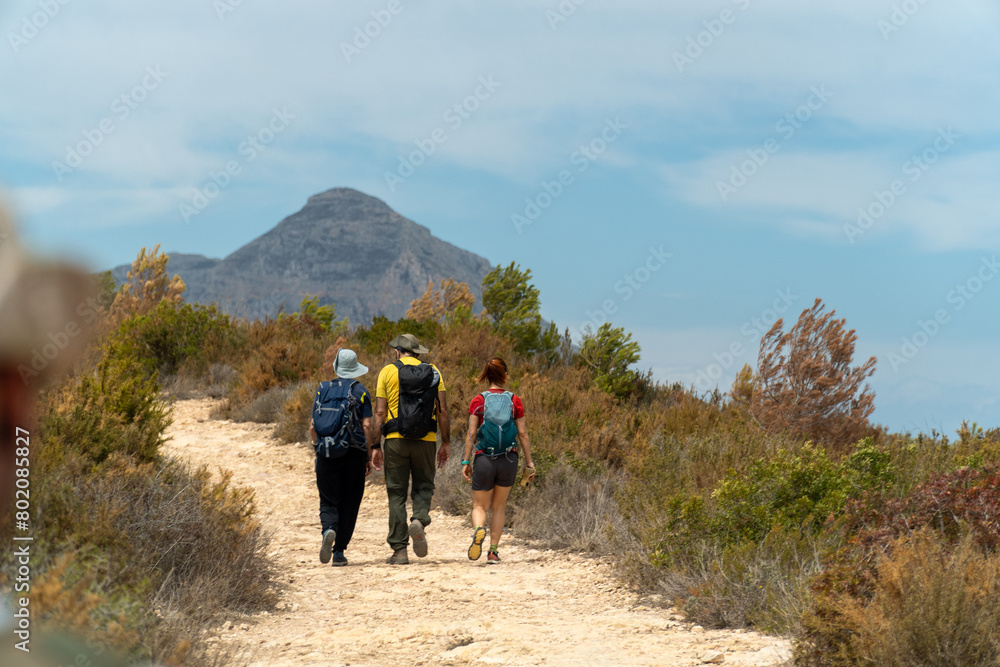 Unrecognizable people hiking outdoors on a summer day.