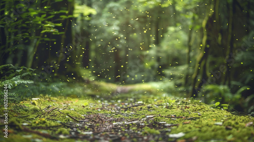 Moss-covered forest path with earthy green particles swirling against a blurred backdrop, capturing the tranquil beauty and natural serenity of the shaded woodland trail. photo