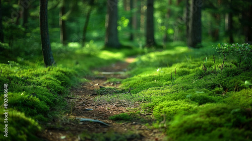 Moss-covered forest path with earthy green particles swirling against a blurred backdrop, capturing the tranquil beauty and natural serenity of the shaded woodland trail.