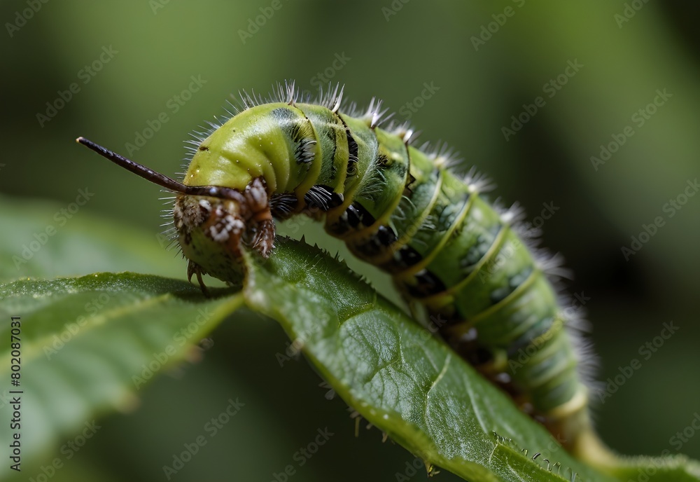 A caterpillar munches on a leaf, its mandibles tearing through green, generative AI