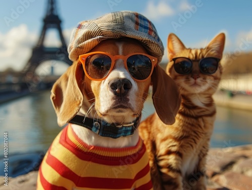 beagle with long ears wearing a basque hat , sunglasses, and stripe tshirs and a cat , sunglasses, andstriuped tshirt both sitting in paris, tour eifel in the background © garpinina