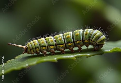 A caterpillar munches on a leaf, its mandibles tearing through green, generative AI © Zohaib