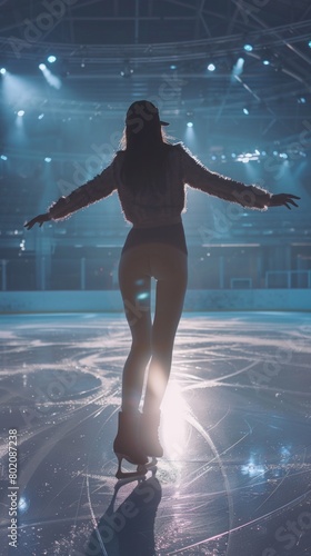 A woman is skating on ice with her arms outstretched