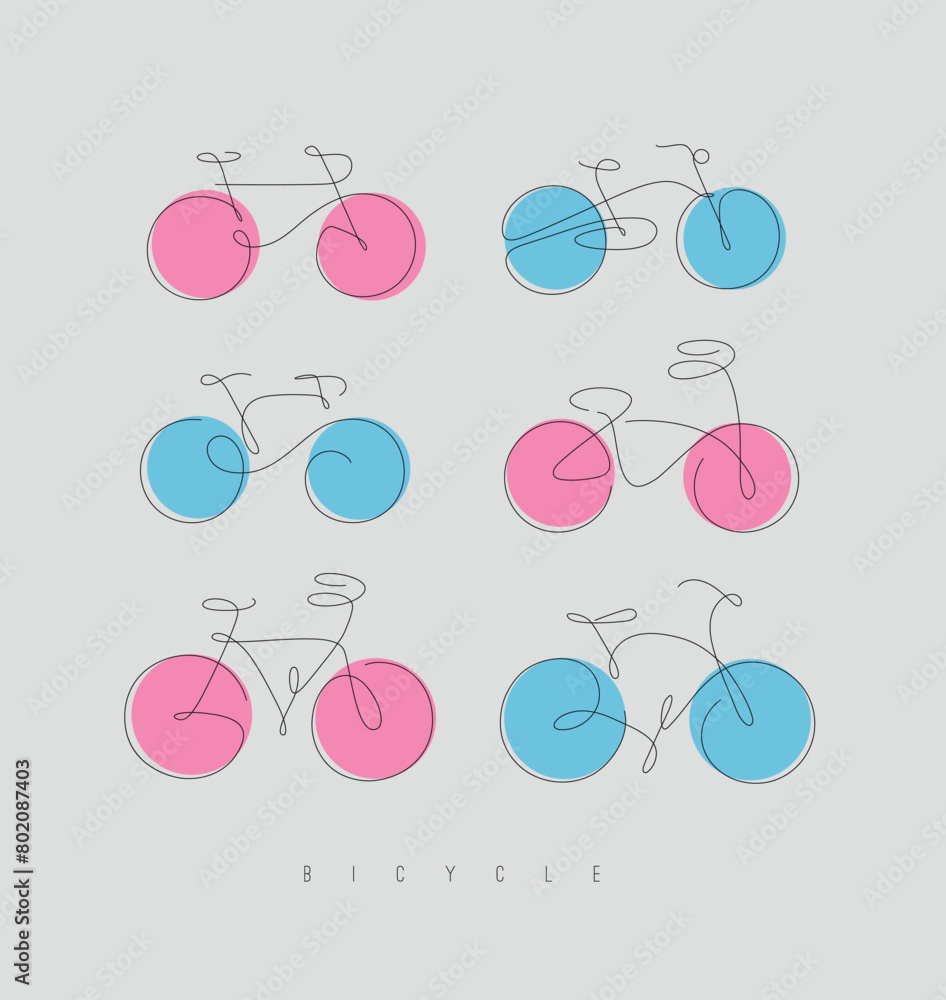Bike icons drawing in hand drawn line art style drawing with color elements on beige background