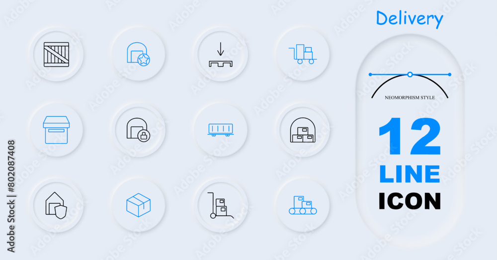 Delivery set icon. Online shopping, box, port, sea container, stuffing, warehouse, star, hangar, box, shield, lock, stretcher, cardboard box, neomorphism. Cargo transportation concept. Delivery set icon. Online shopping, box, port, sea container, stuffing, warehouse, star, hangar, box, shield, lock, stretcher, cardboard box, neomorphism. Cargo transportation concept.