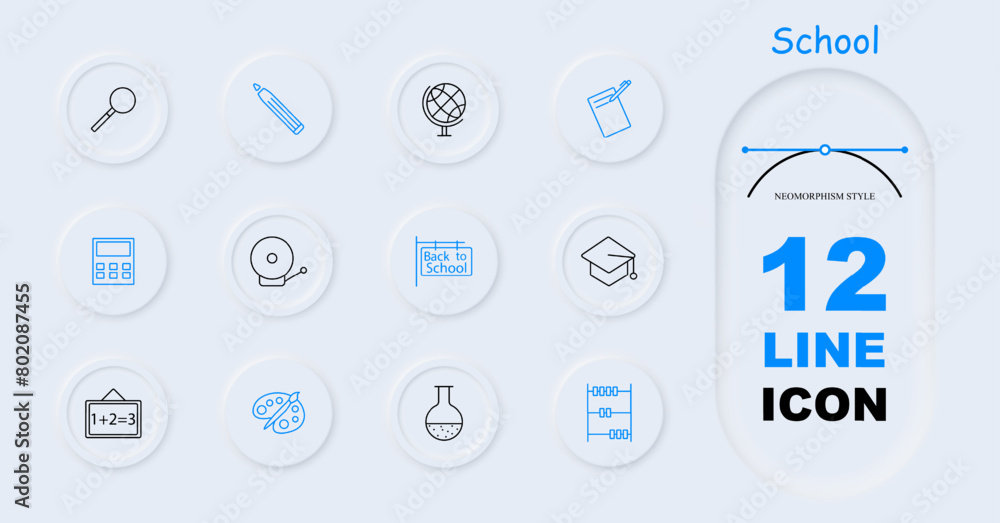 School set icon. Magnifying glass, globe, earth, student cap, pencil, abacus, calculator, example, task, board, bell, record, sign, back to school, brush, palette, neomorphism. Education concept. School set icon. Magnifying glass, globe, earth, student cap, pencil, abacus, calculator, example, task, board, bell, record, sign, back to school, brush, palette, neomorphism. Education concept.