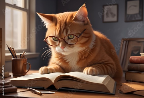 Ginger tabby cat reading a book indoors.