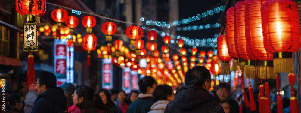 Cultural Delight, Traditional Street Decorations for Chinese New Year, Illuminated with Lanterns.