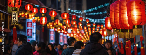 Cultural Delight, Traditional Street Decorations for Chinese New Year, Illuminated with Lanterns.