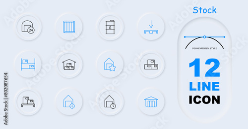 Stock set icon. Reserve, margin, supplies, store, boxes, depot, barrel, entrepot, depository, oil, mail, port, shelves with warehouses, asterisk, plus, storage, port, neomorphism. Stockroom concept.