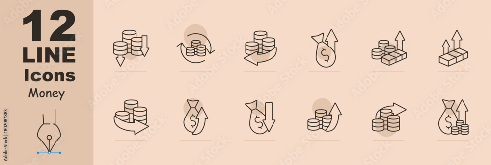 Money set icon. Coins, arrows, profits, losses, financial cycle, deposit, investment, increasing profits, bullion, dollar, bank transfer, large amount of money. Working with money concept.