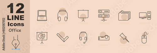 Office set icon. Laptop, headphones, presentation, server, files, folders, computer, monitor, system unit, ruler, microphone, call center, projector, pin button, mouse. Office work concept.