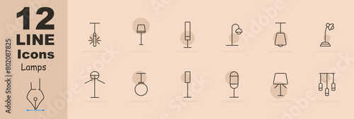 Icon set lamps. Lamps, fixtures, lighting, light, chandelier, lantern, light bulb, illumination, concept, variety, tube, illuminator, glow, luster. Choice concept.