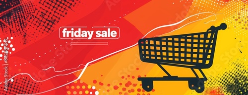 Black Friday sale banner with a shopping cart on a yellow and orange background. promotional materials or social media posts related to sales events.