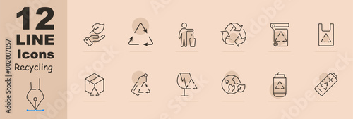 Ecology set icon. Recycling, plastic, reuse, glass, garbage, environmental pollution, bionomics, battery, lithium battery, hand and leaf, bottle. Environment care concept.