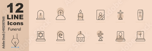 Funeral set icon. Grave, cross, Christianity, faith, burial, mound, candle, flame, portrait, ritual photo on monument, coffin, Turkish funeral traditions, temple, funeral slab. Obsequies concept. © Anastasia