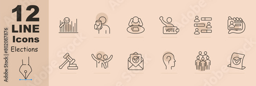 Elections set icon. Magnifying glass  statistics  vote for candidate  sign  reflection  communication  discussion  ID card  envelope  letter  voter  group of people  ballot. Voting concept.