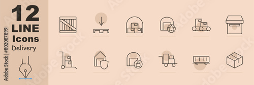 Delivery set icon. Online shopping, box, port, sea container, stuffing, warehouse, star, hangar, box, shield, lock, stretcher, cardboard box. Cargo transportation concept.