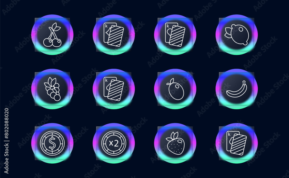 Casino set icon. Cards, suits, fruits, win, doubling, money, king, diamond, hearts, spades, banana, risks, excitement, ardor, passion, lemon, cherry, strawberry, glassmorphism. Gambling concept. Casino set icon. Cards, suits, fruits, win, doubling, money, king, diamond, hearts, spades, banana, risks, excitement, ardor, passion, lemon, cherry, strawberry, glassmorphism. Gambling concept.