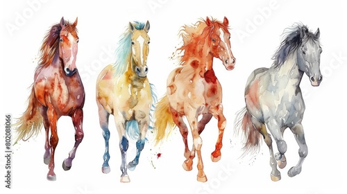 Portrait of group funny horses yawning, watercolor drawing © PaulShlykov