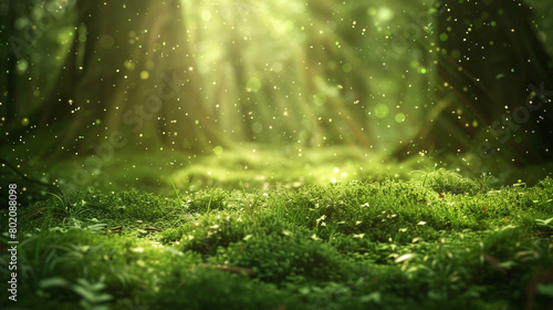 Moss-covered forest floor with earthy green particles swirling against a blurred canvas, capturing the mystical beauty and quiet serenity of the woodland undergrowth. photo