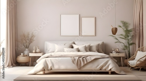 Mockup frame in light cozy and simple bedroom interior background  3d render  