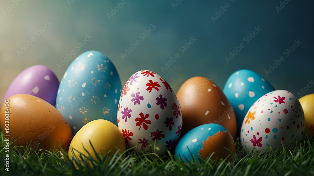 Bright Easter eggs and spring flowers on green grass outdoors
