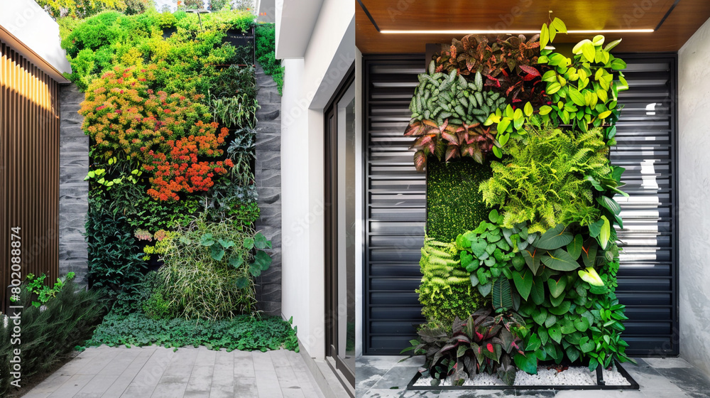 Naklejka premium Adorn a stark wall with a lush vertical garden to inject vibrancy and nature into the space.