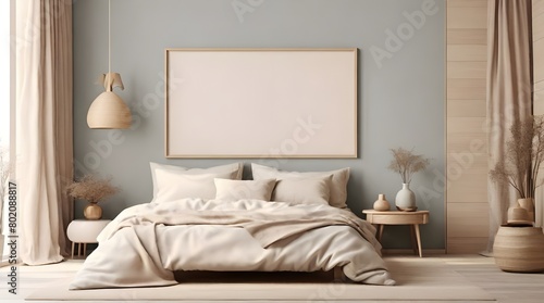 Mockup frame in light cozy and simple bedroom interior background, 3d render   © Noorul