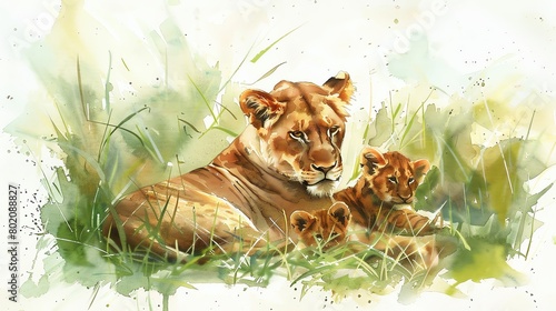 Watercolor Illustrate the bond between a lioness and her cubs as they playfully romp in the grass