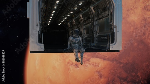 An astronaut sits in the open hatch of a spacecraft overlooking Mars