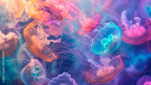 colorful many jellyfish in and environment of streaks of light and blurred shapes to suggest the movement of sound waves