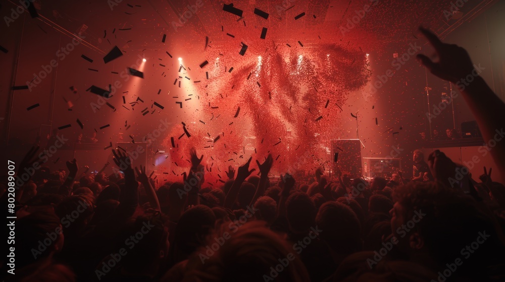 Vibrant evening concert  energetic crowd cheers at rock party with stage lights and falling confetti
