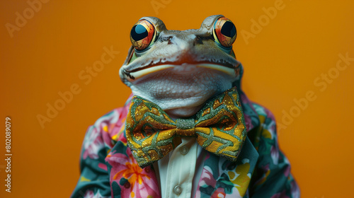 A whimsical stock photo featuring a dapper frog sporting a vibrant  multi-colored suit and a charming bow tie  exuding confidence and style.