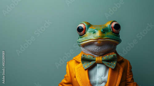 A vibrant stock photo featuring a stylish frog donning a sleek, bold-colored suit accessorized with a charming bow tie, exuding confidence and charm.