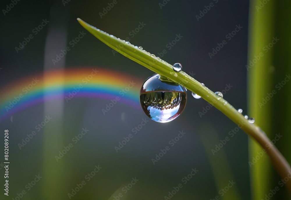 A raindrop clings to a blade of grass, refracting light into a rainbow, generative AI A raindrop clings to a blade of grass, refracting light into a rainbow, generative AI