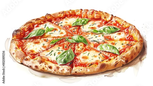 Watercolor Illustrate the cheesy delight of a classic margherita pizza topped with basil leaves