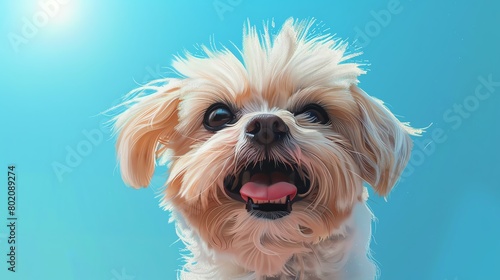 Craft a digital illustration of the irresistibly cute pooch in a photorealistic style, set against a gradient blue sky to convey a portrait of boundless joy and charm