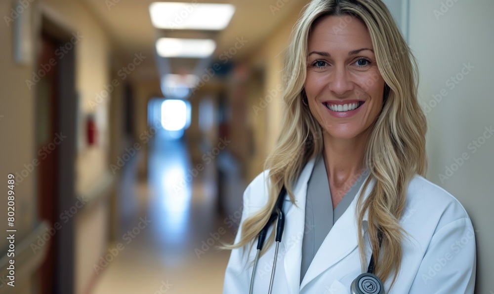 Fototapeta premium Gorgeous smiling middle aged 40th 50th blonde doctor healthcare professional with long hair in hospital hallway with toothy healthy smile