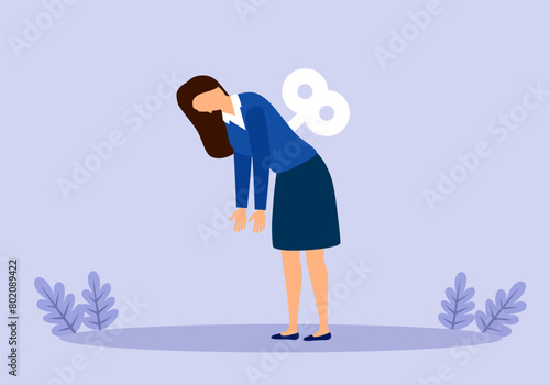 Burnout woman. Windup puppet businesswoman exhausted from overwork. Recharge and low energy office worker concept.