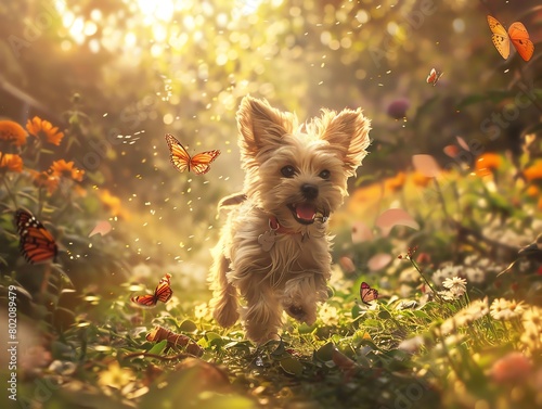 Craft an enchanting moment with a pup joyfully chasing butterflies in a whimsical
