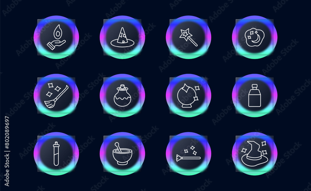 Magic set icon. Tricks, fireball, wizard hat, magic wand, dreams, cloud, moon and stars, enchantments, fortune telling ball, magic broom, flying cane, hat come to life, glassmorphism. Focus concept.