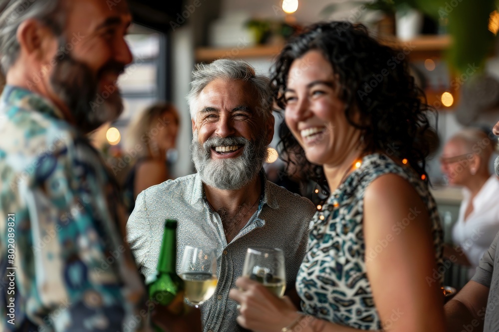 Group of friends having fun and drinking wine in a pub. Cheerful senior men and women having fun together. Group of friends having fun and drinking wine in a pub. Cheerful senior men and women having fun together.